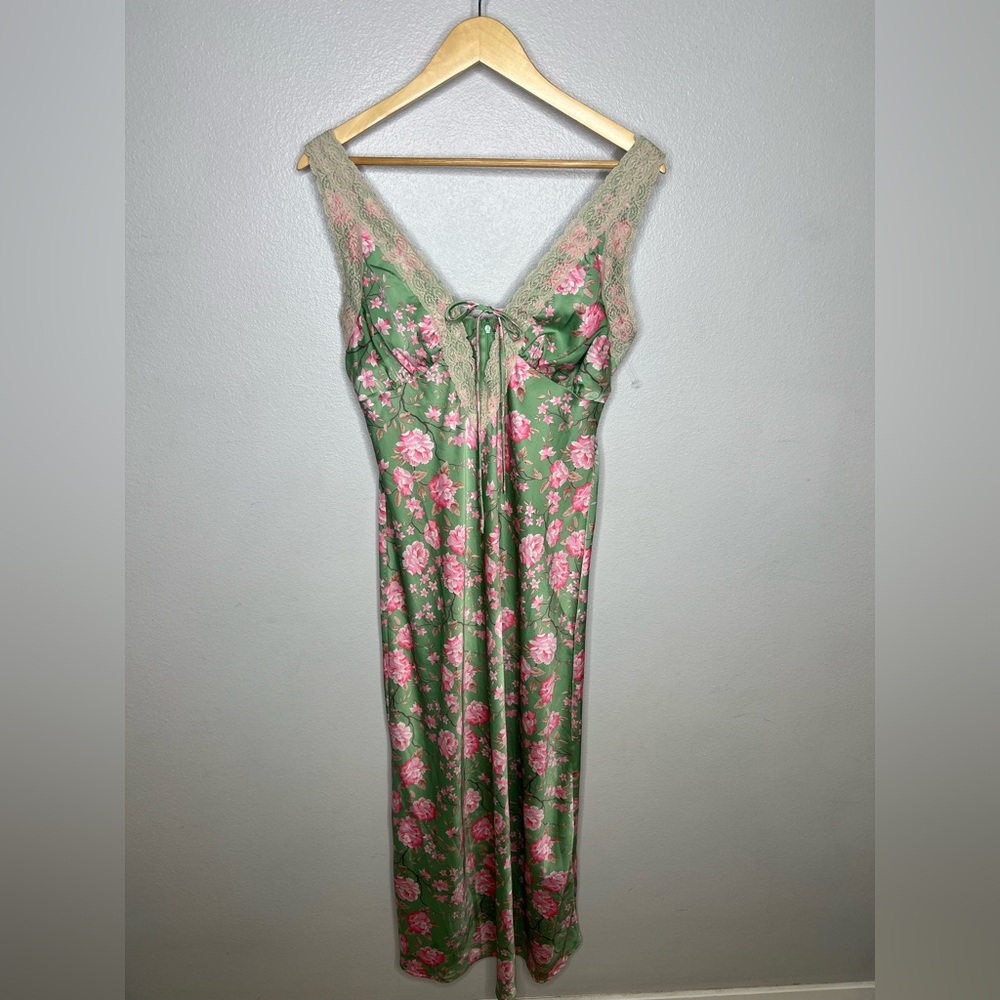 One Clothing Lace Trim Satin Slip Dress, Romantic Feminine Floral - Large